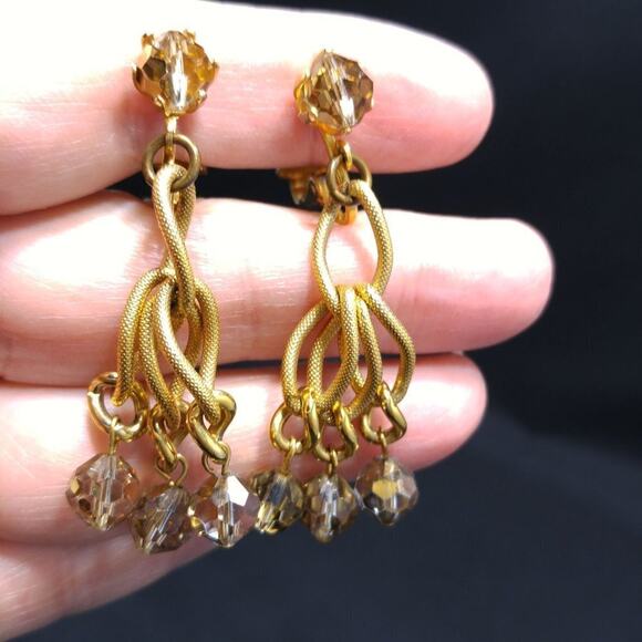 Vintage Crystal Beaded Earrings, Gold Metallic Clear Beads,  2 Inches - Picture 9 of 10